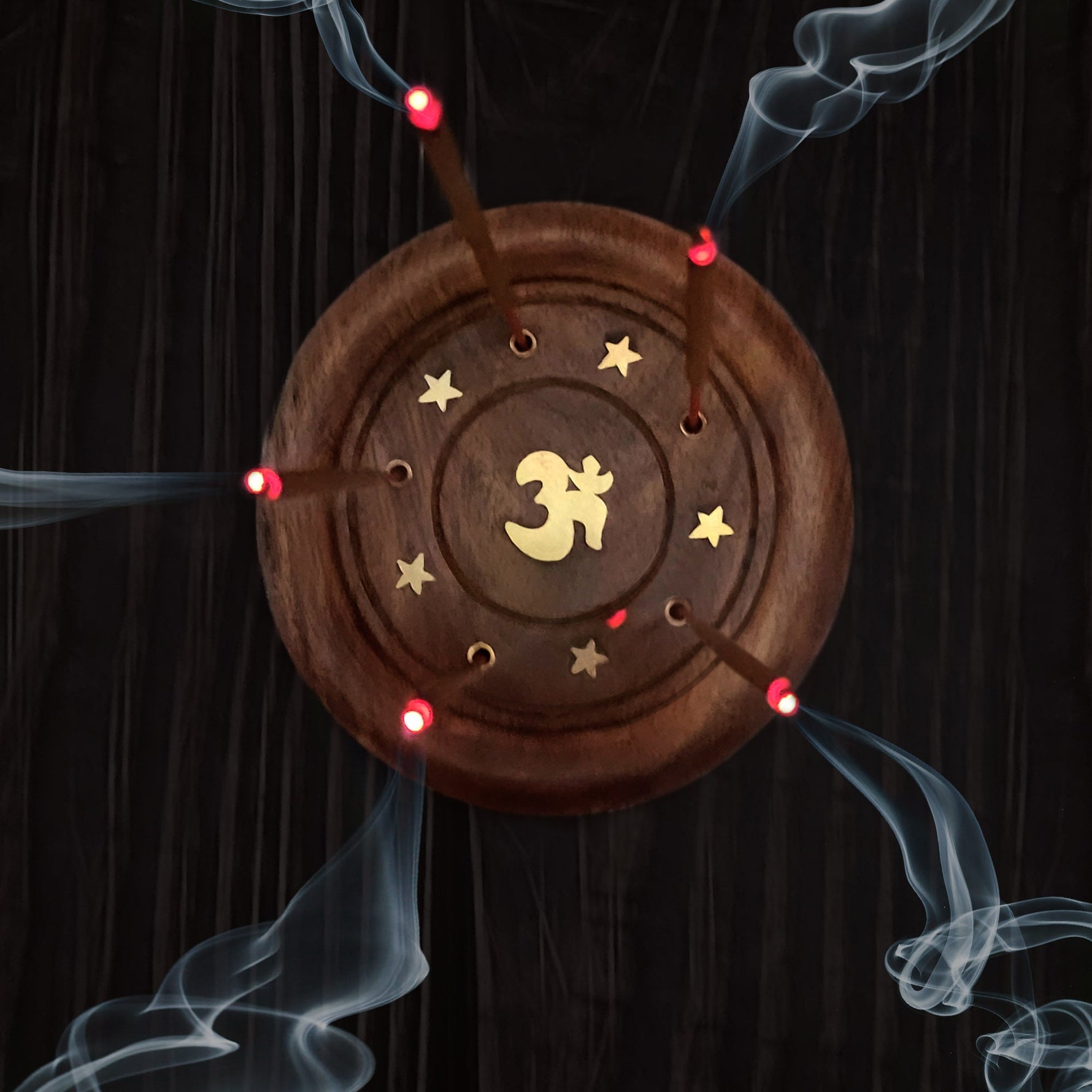 Incense Burner - Wooden Round Plate with Om - 4 inches - Tree Spirit Wellness