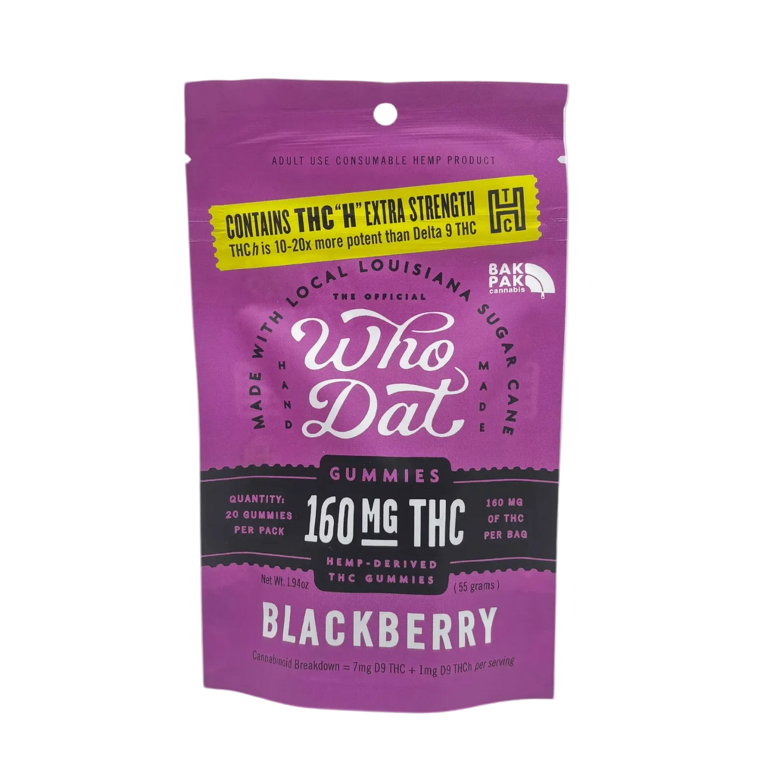 Who Dat 160mg THCH+D9 20ct Blackberry (box of 10) - Tree Spirit Wellness