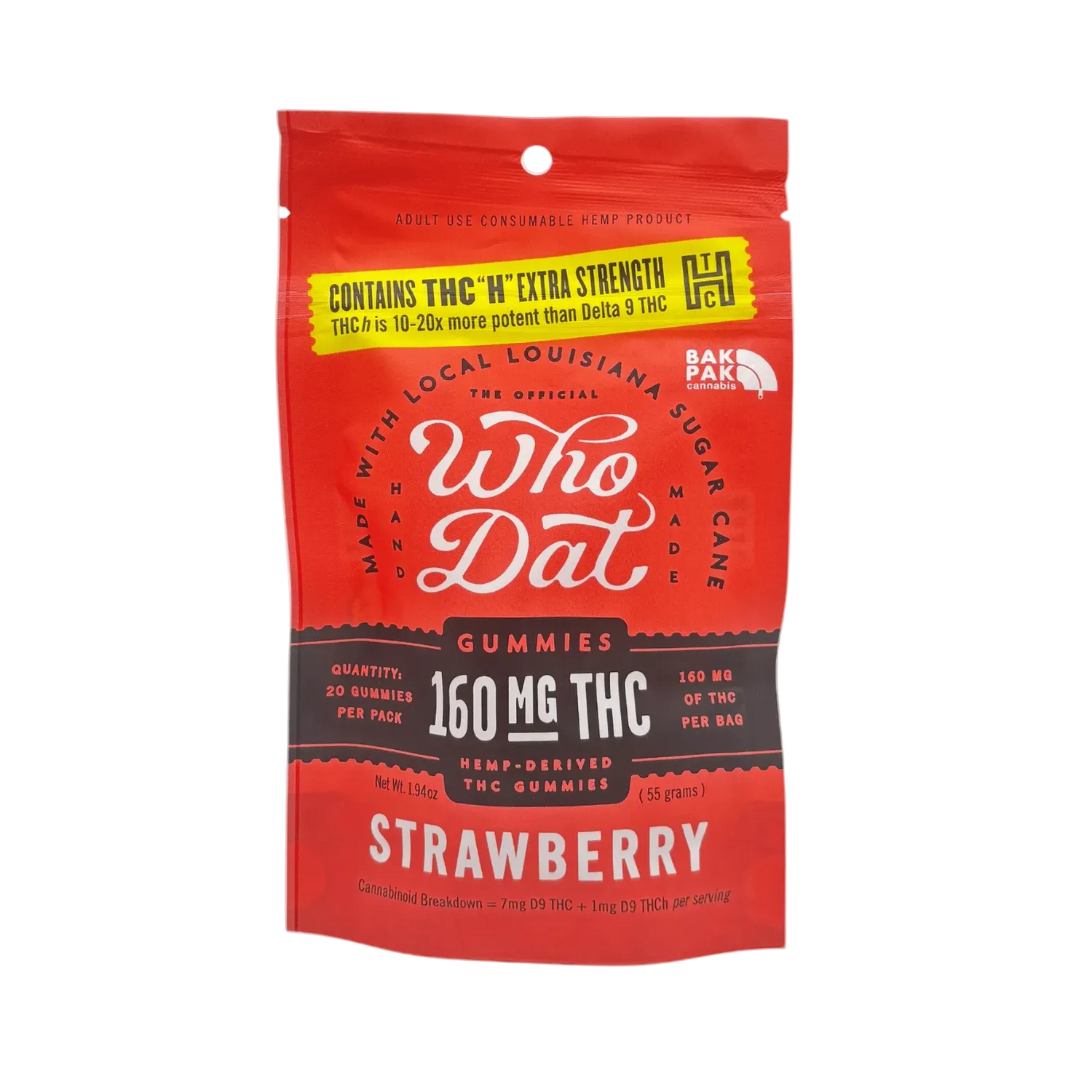 Who Dat 160mg THCH+D9 20ct Stawberry (box of 10) - Tree Spirit Wellness